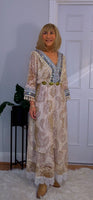 Lucy – Lace Bohemian Maxi Dress in Soft Beige with Navy Embroidery