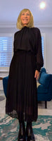 Zena Pleated Midi Dress – High Neck with Gold Button Detail
