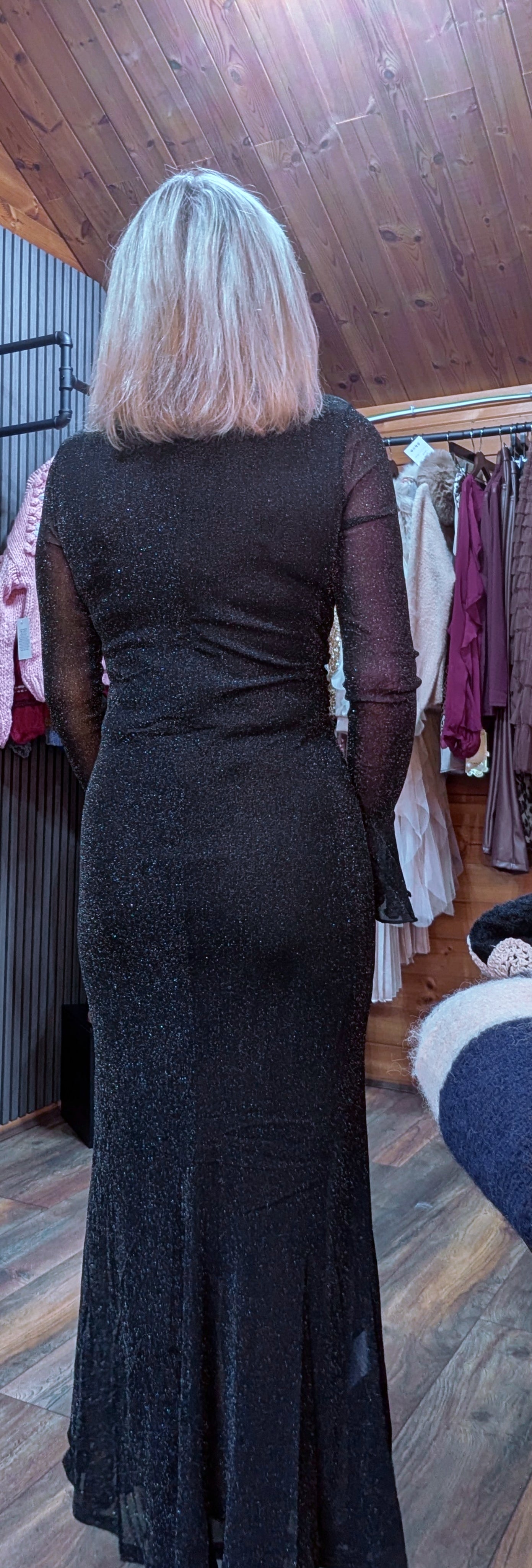 Shirley Black Glitter Mesh Dress – Draped Midi with Long Sleeves