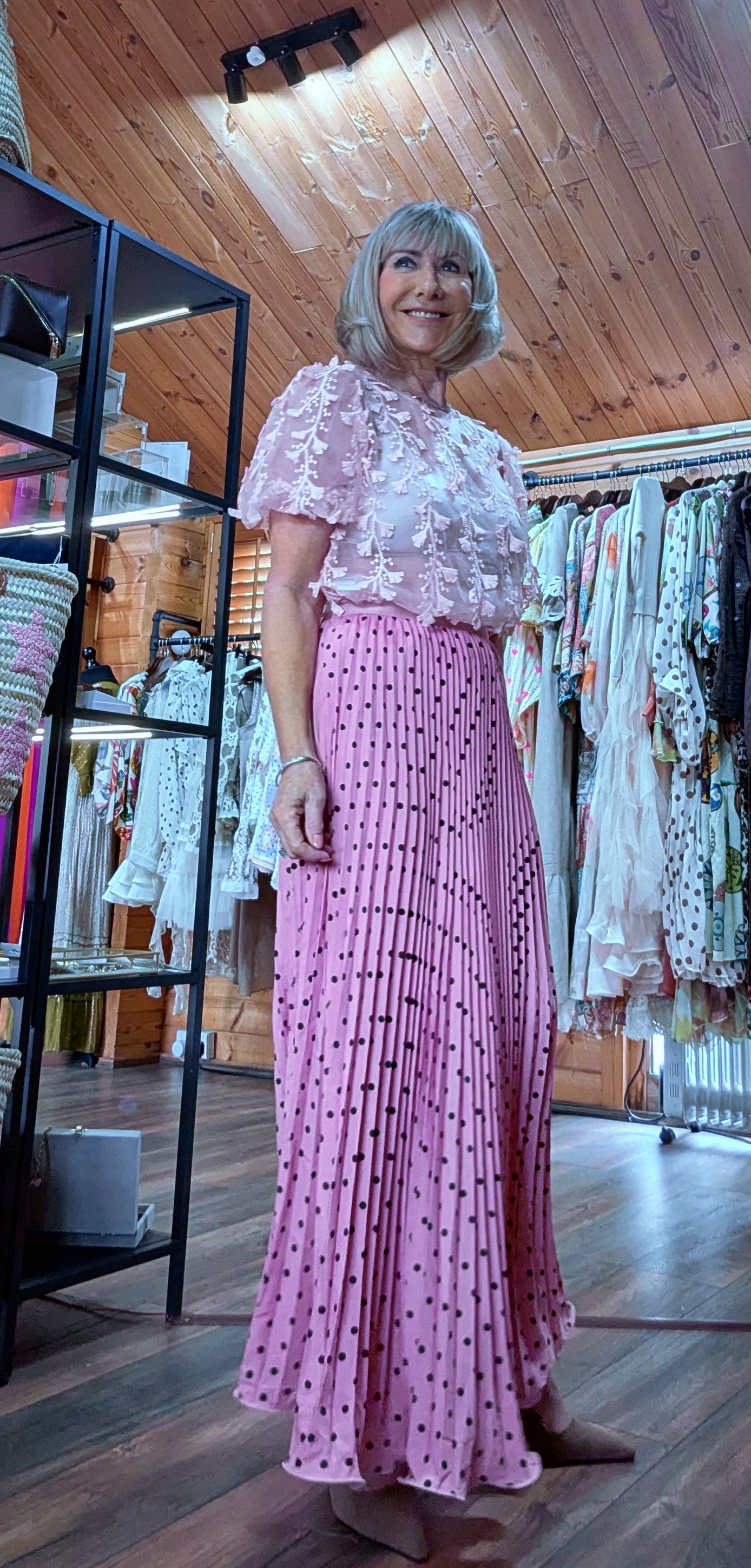 Trinny pleated polka dot skirt in Pink styled by ditsydi