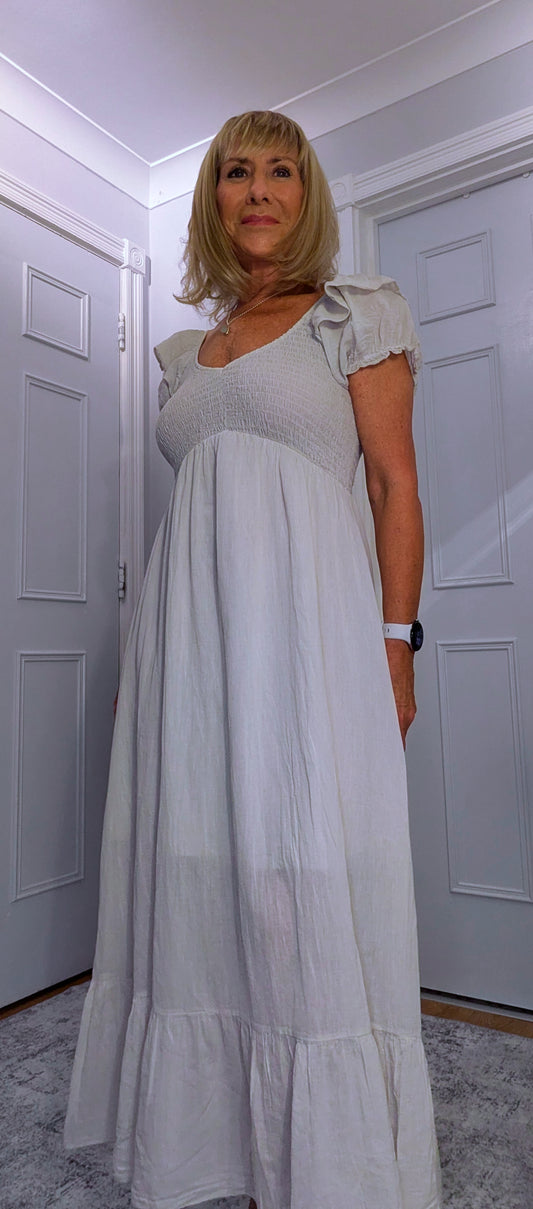 Eadie Shirred Prairie Dress  in Cotton in Ecru  