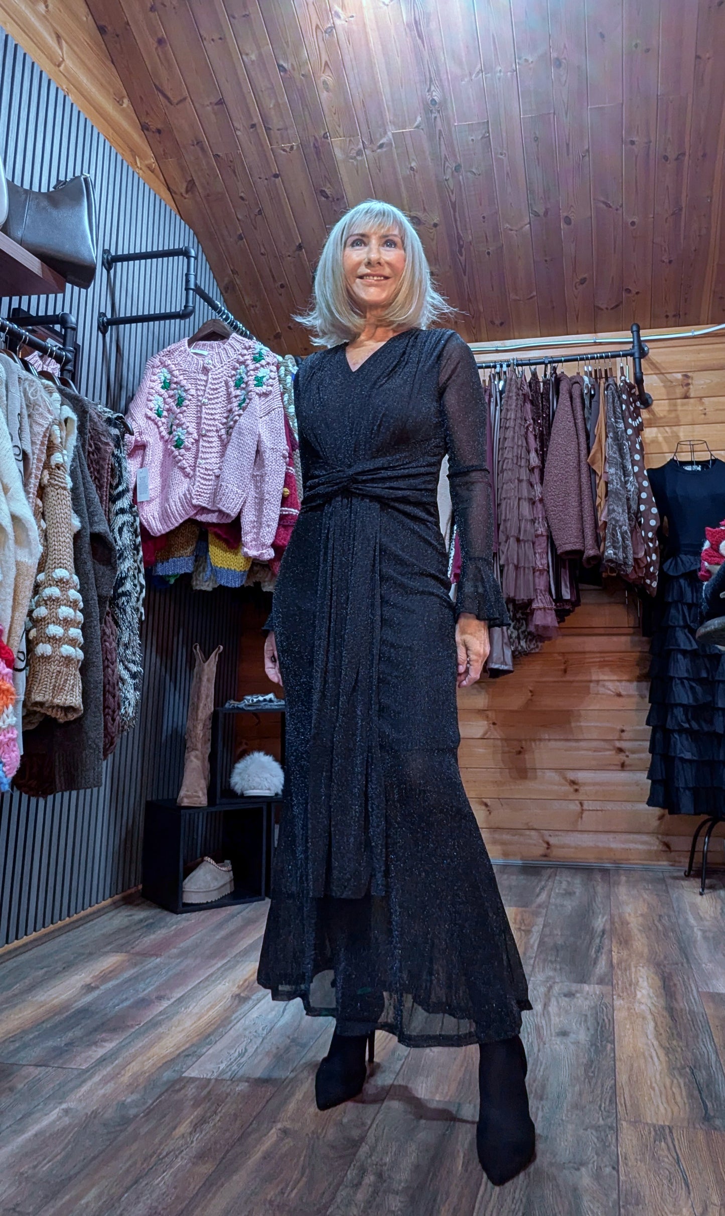 Shirley Black Glitter Mesh Dress – Draped Midi with Long Sleeves