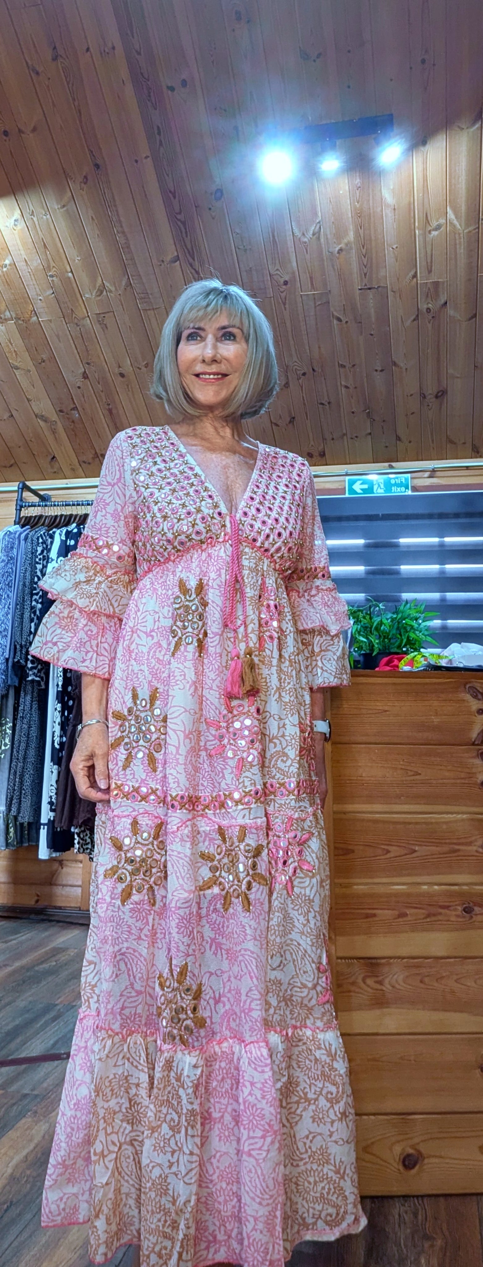 Clara Pink Boho Maxi Dress – Embroidered, Sequinned Made of Cotton