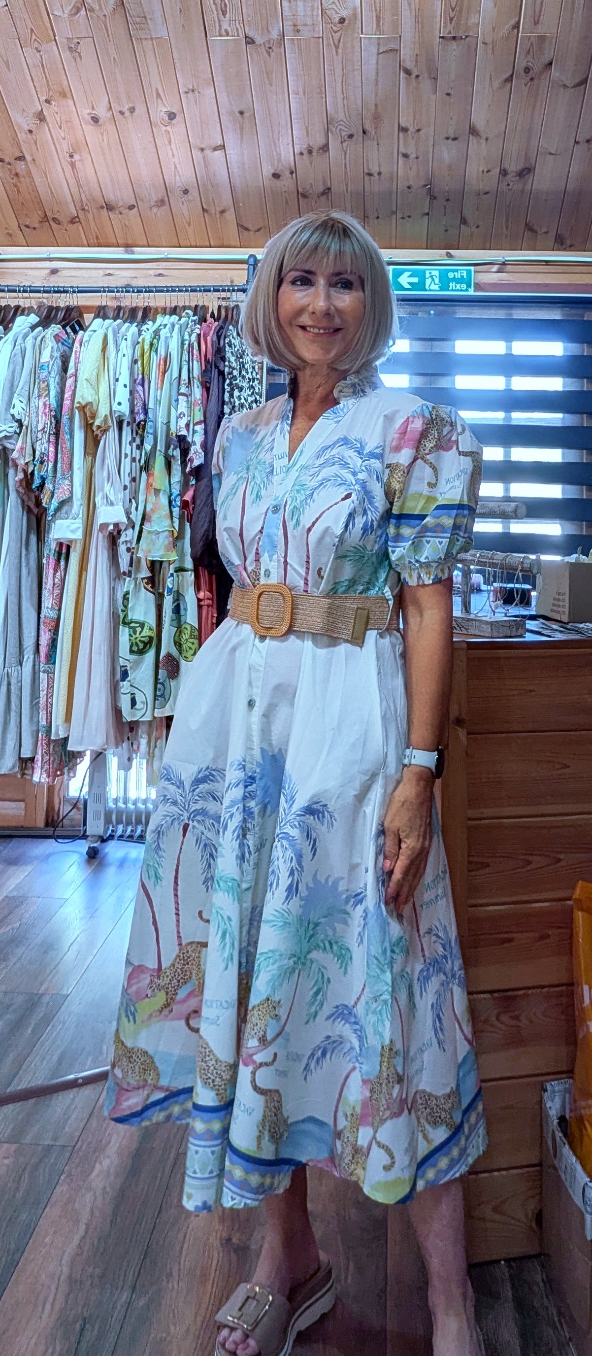 Cassia Printed Cotton Midi Dress with woven belt and side pockets