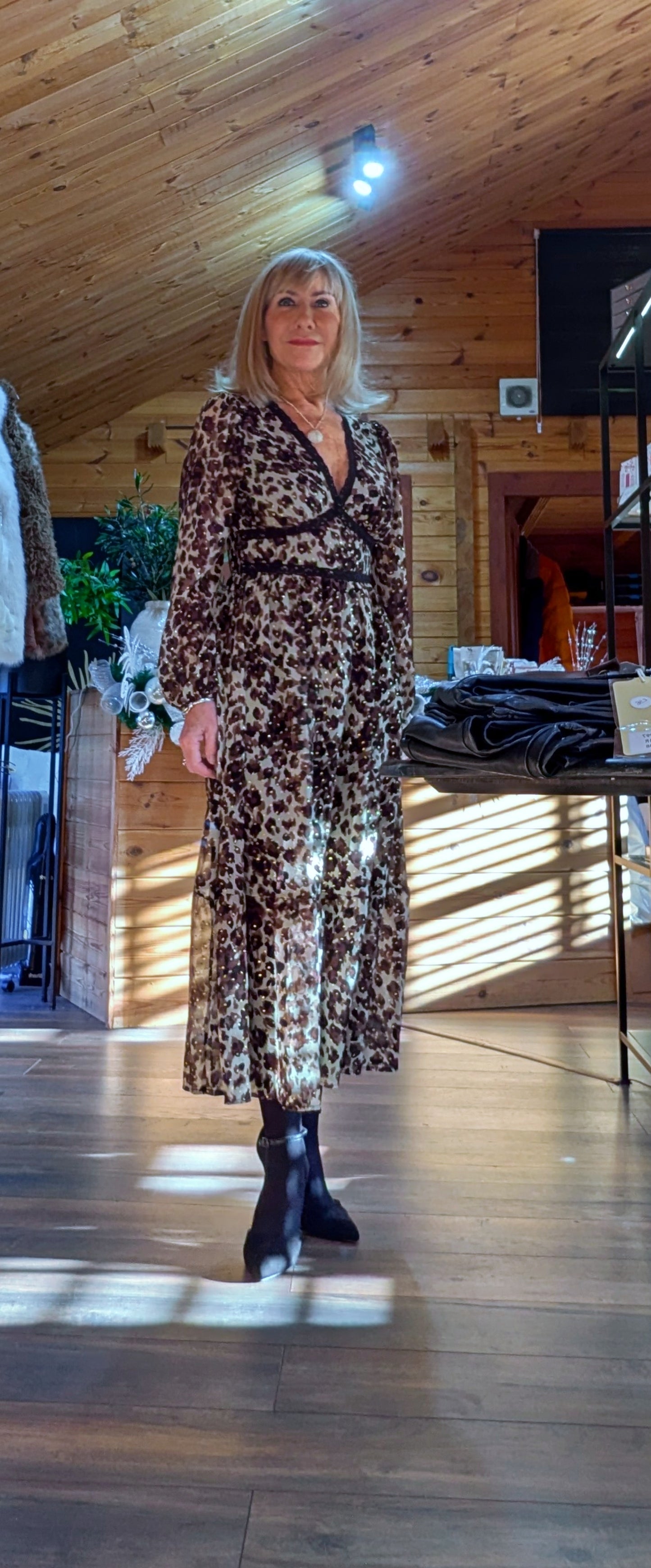 Caterina Leopard Print Dress – Lace Trim -Gold Accents
